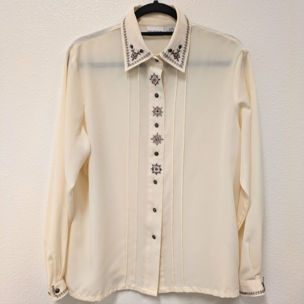 Vintage Koret Whimsy Western Sheer Button Up Blouse sz 12 Romantic Southwestern